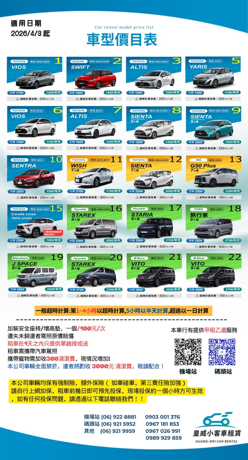 皇威租車 車型價目表 Car rental price list